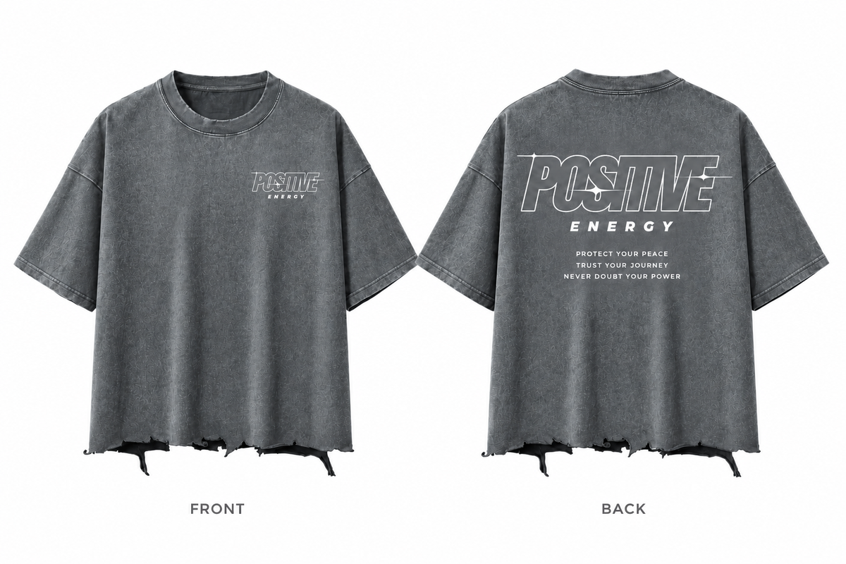Positive Energy RT0058 in Washed Cement Gray — printed front and back mockup; white lettering