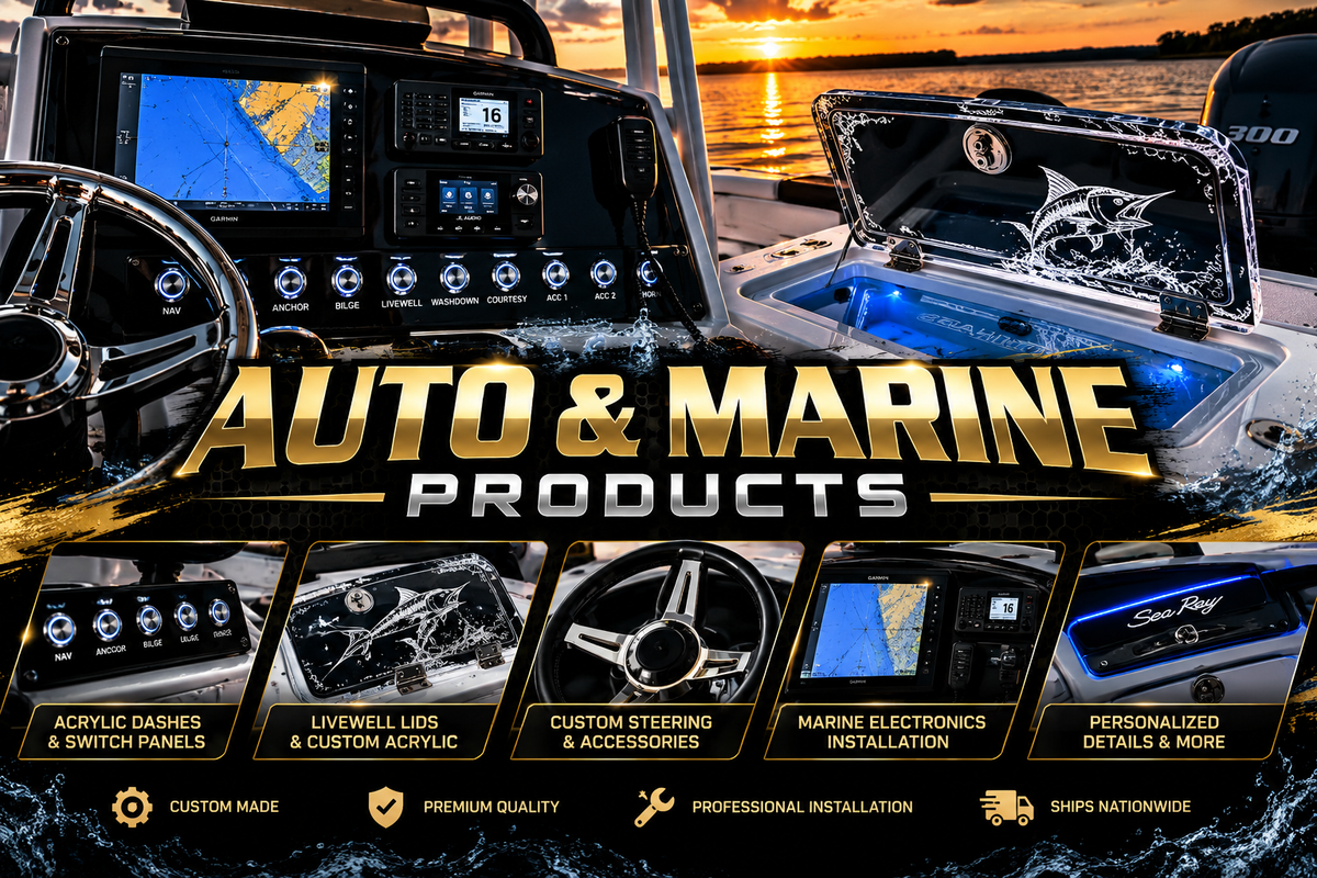 Stella's Royal Design Auto and Marine Products custom acrylic panels, livewell lids, steering, electronics and accessories