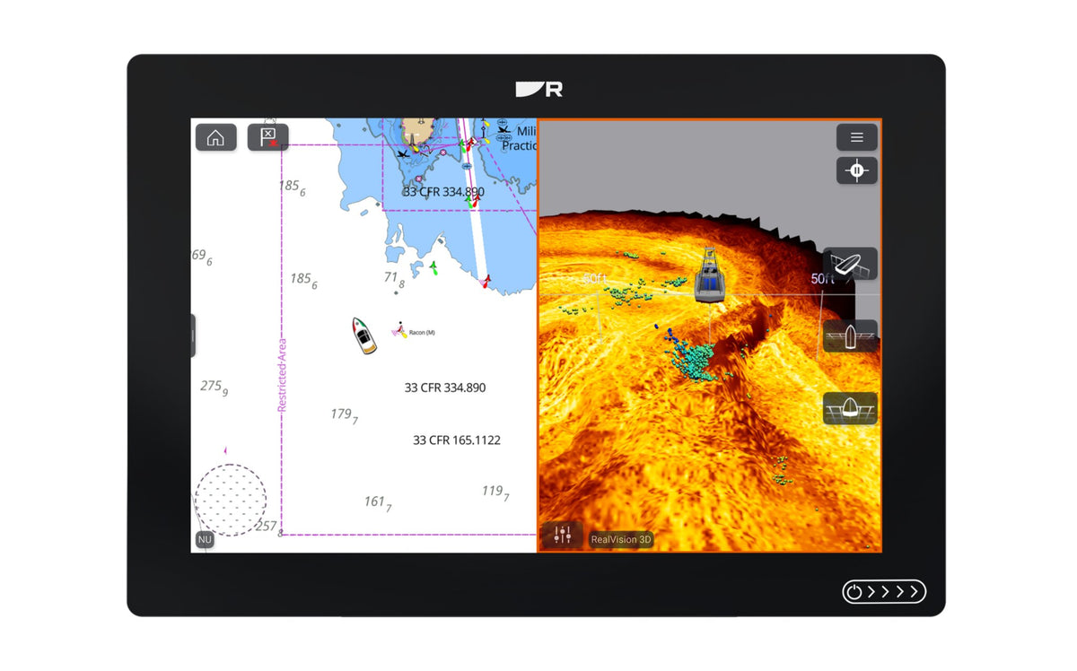 Raymarine Axiom+ 12 RV E70639 12-inch display showing split-screen navigation and RealVision 3D sonar; optional charts and transducer required