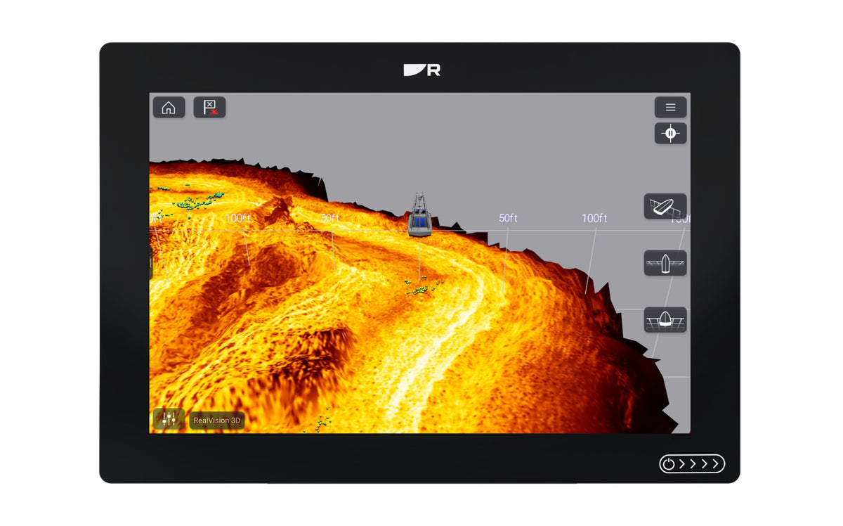 Raymarine Axiom+ 12 RV E70639 front view showing RealVision 3D sonar; compatible transducer sold separately