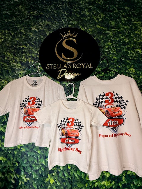 Finished personalized birthday boy, Papa and Abuela shirts; each shirt sold separately.