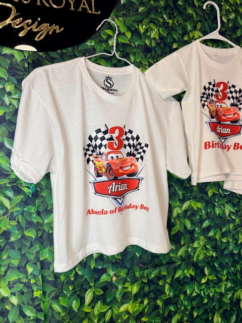 Matching personalized Abuela shirt and birthday boy shirt; each shirt sold separately.