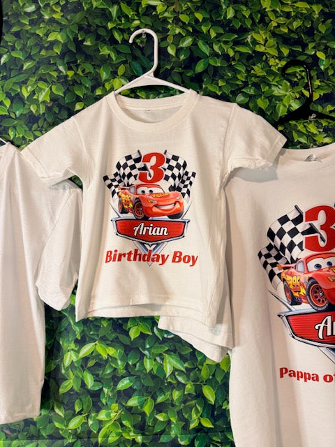 Personalized toddler birthday boy shirt with name and age; each shirt sold separately.