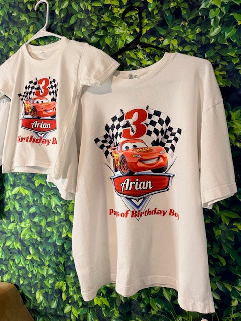 Matching personalized Papa shirt and birthday boy shirt; each shirt sold separately.