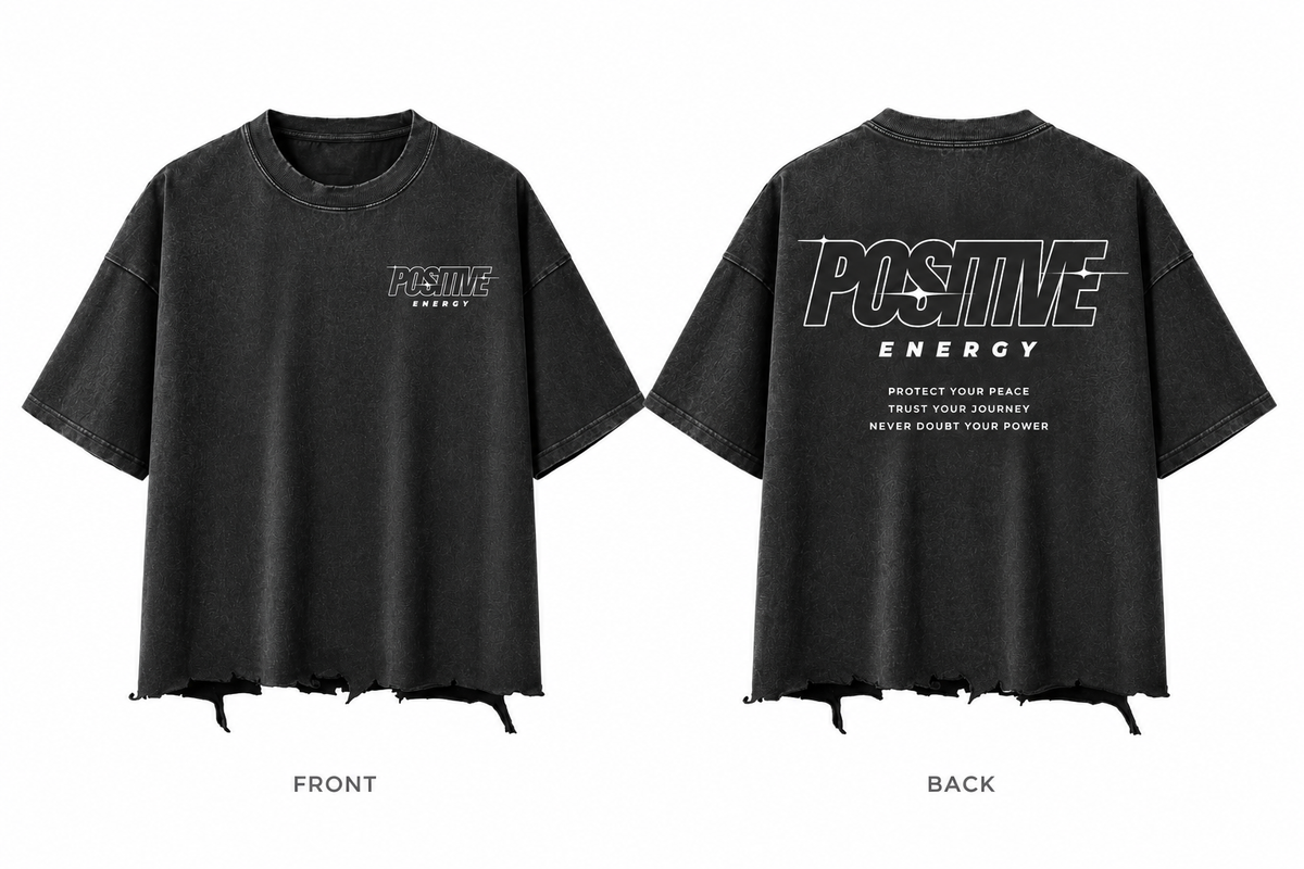 Positive Energy RT0058 in Washed Black — digital front and back mockup with small chest mark and full back print