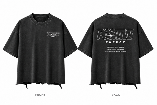 Positive Energy RT0058 in Washed Black — digital front and back mockup with small chest mark and full back print