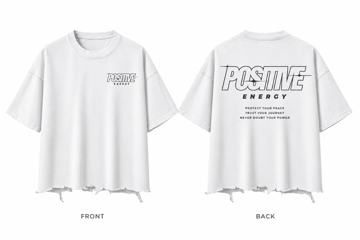 Positive Energy RT0058 in Washed White — printed front and back mockup; deep charcoal lettering