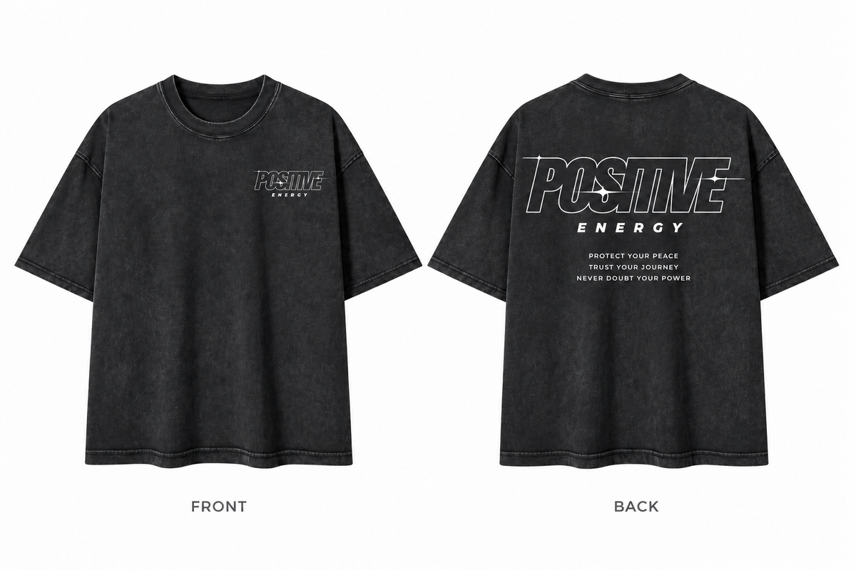 Positive Energy RT0076 in Black — digital front and back mockup with small chest mark and full back print