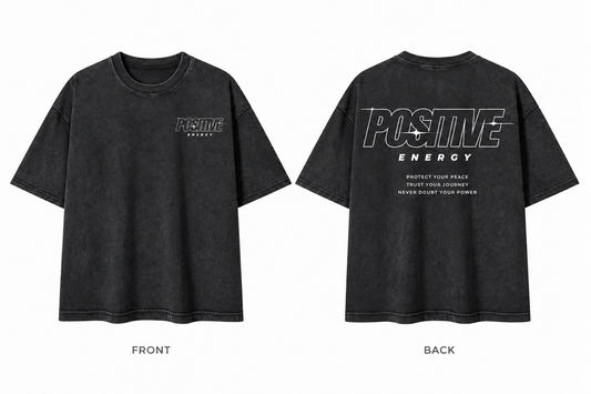 Positive Energy RT0076 in Black — digital front and back mockup with small chest mark and full back print