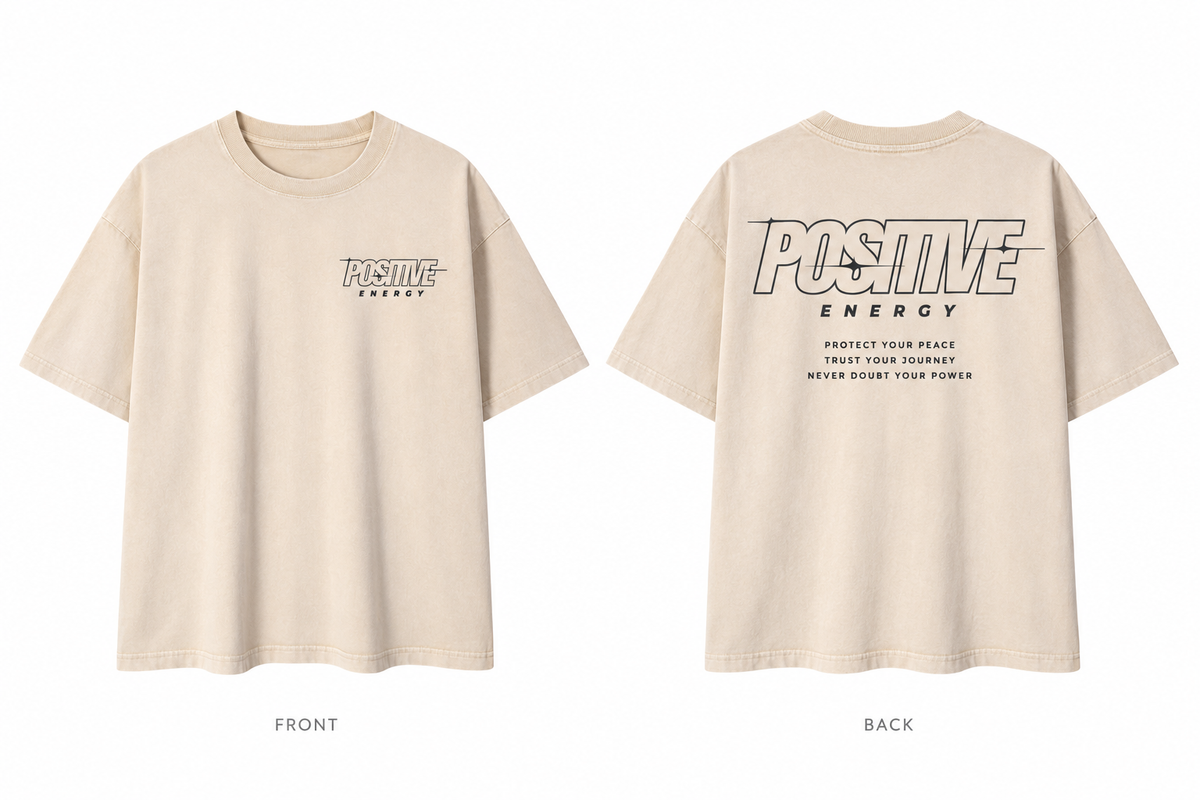 Positive Energy RT0076 in Light Apricot — digital front and back mockup with small chest mark and full back print