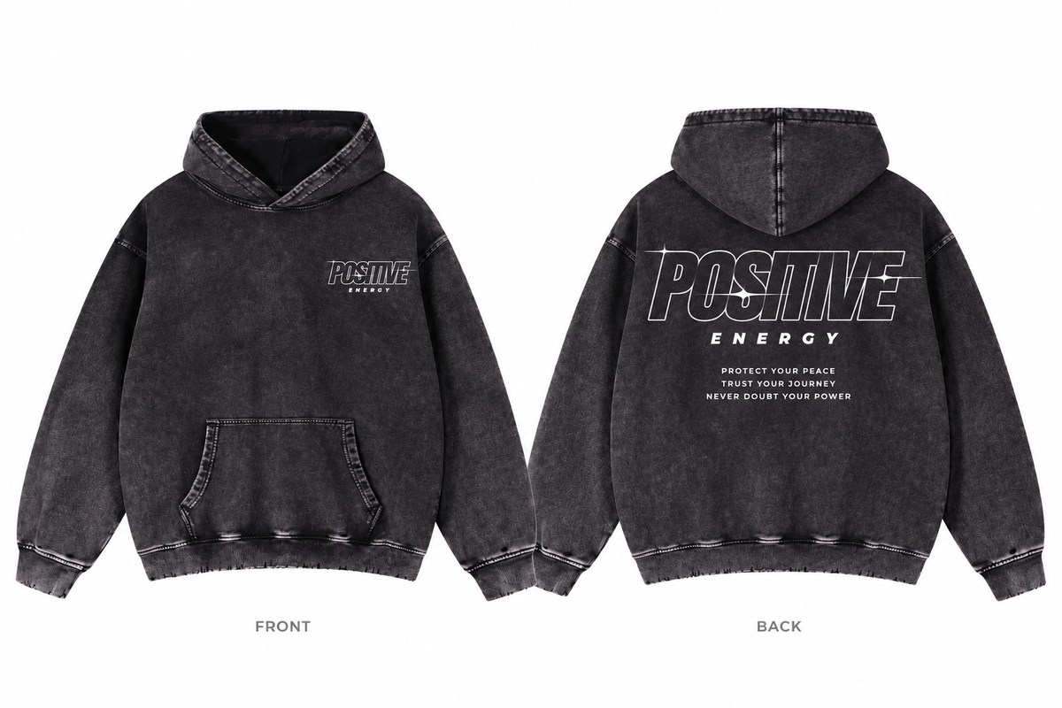 Positive Energy RW0024 in Black — digital front and back mockup with small chest mark and full back print