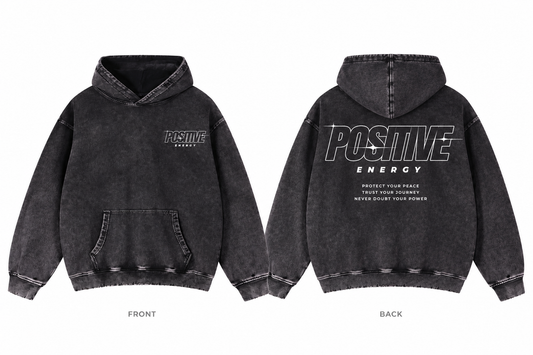 Positive Energy RW0024 in Black — digital front and back mockup with small chest mark and full back print