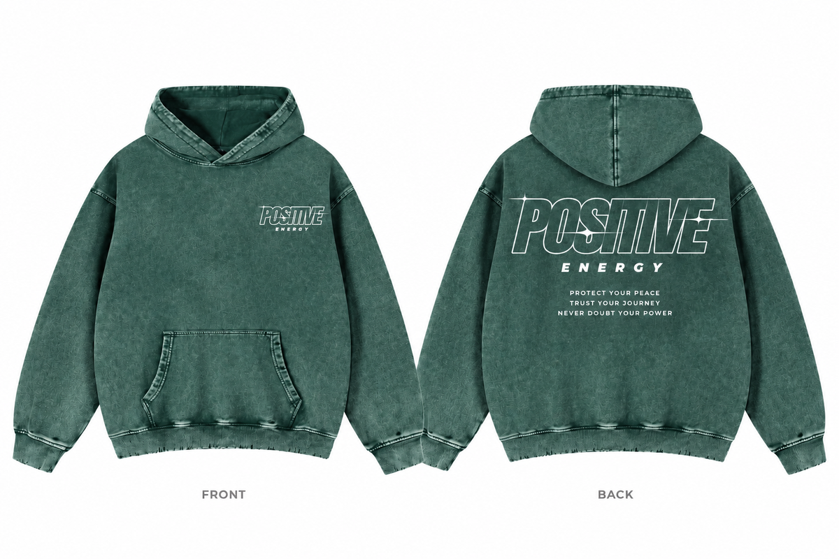 Positive Energy RW0024 in Blackish Green — printed front and back mockup; white lettering