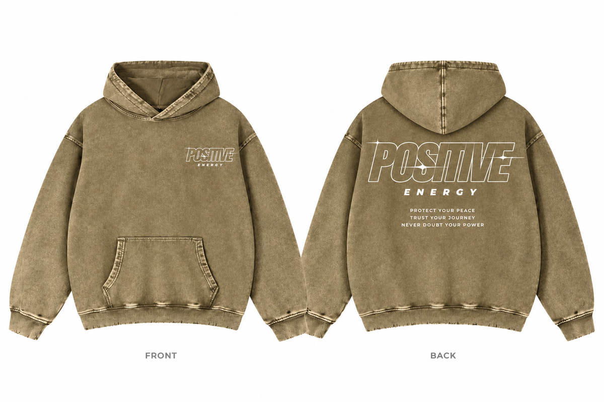 Positive Energy RW0024 in Brown — printed front and back mockup; white lettering