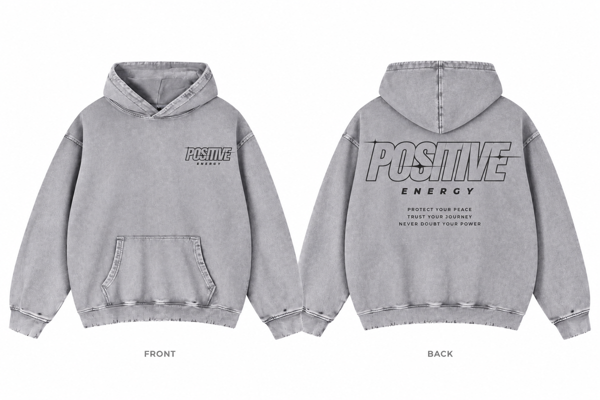 Positive Energy RW0024 in Light Gray — printed front and back mockup; deep charcoal lettering