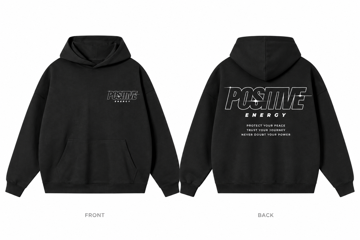 Positive Energy RW0055 in Black — digital front and back mockup with small chest mark and full back print