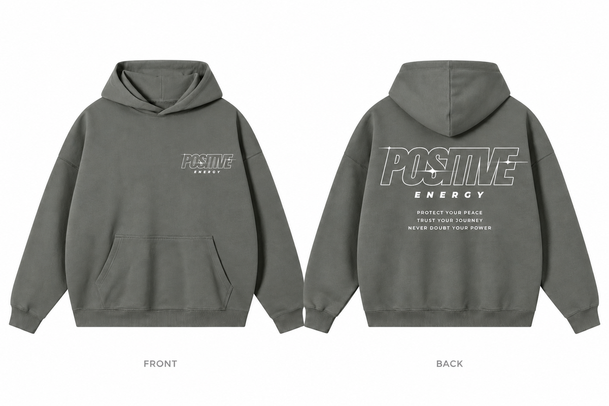 Positive Energy RW0055 in Dark Gray — printed front and back mockup; white lettering