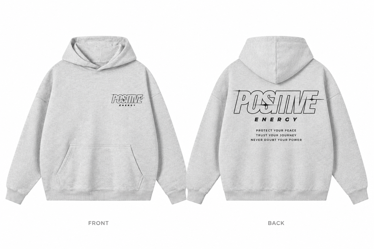 Positive Energy RW0055 in Flower Gray — printed front and back mockup; deep charcoal lettering