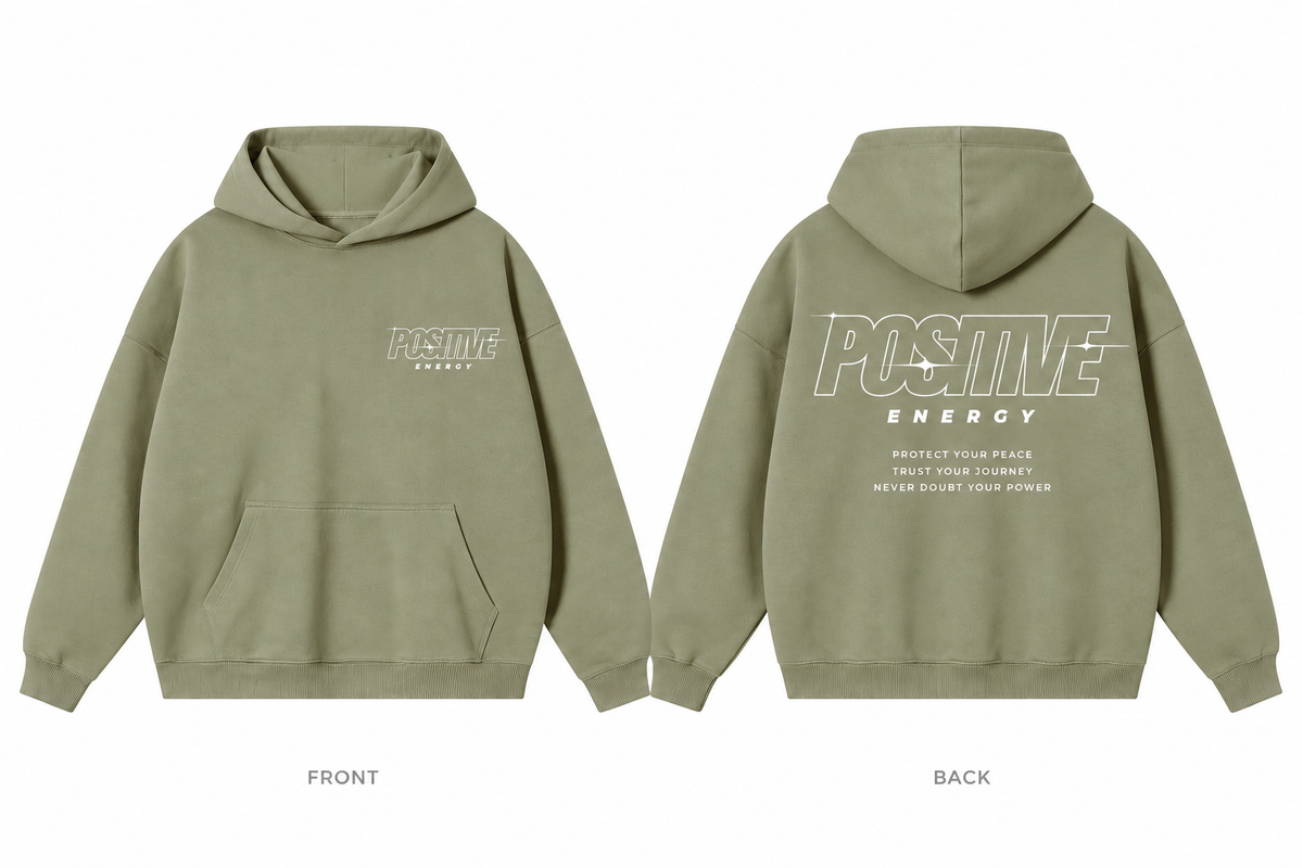 Positive Energy RW0055 in Gray Green — printed front and back mockup; white lettering