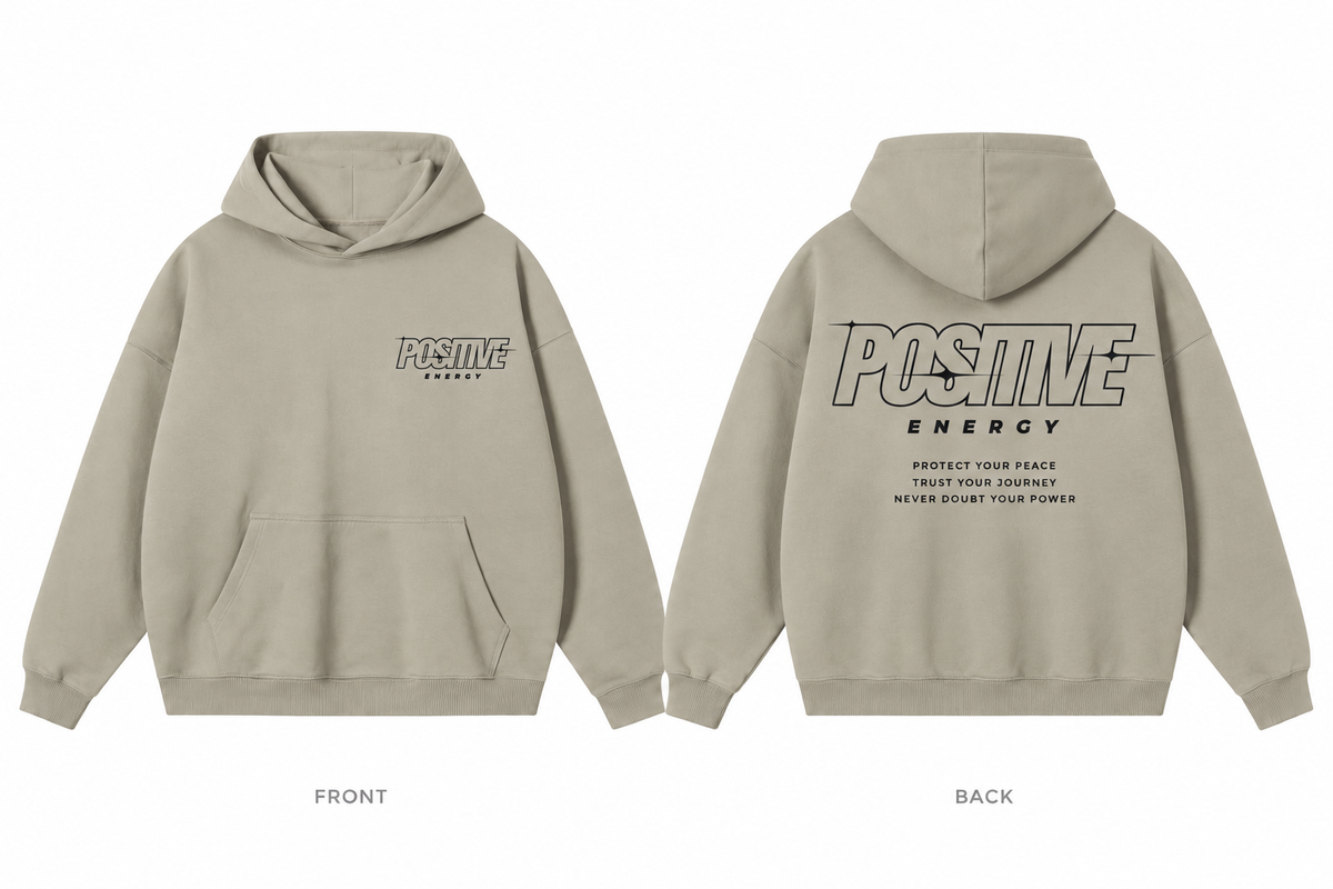 Positive Energy RW0055 in Light Gray — printed front and back mockup; deep charcoal lettering