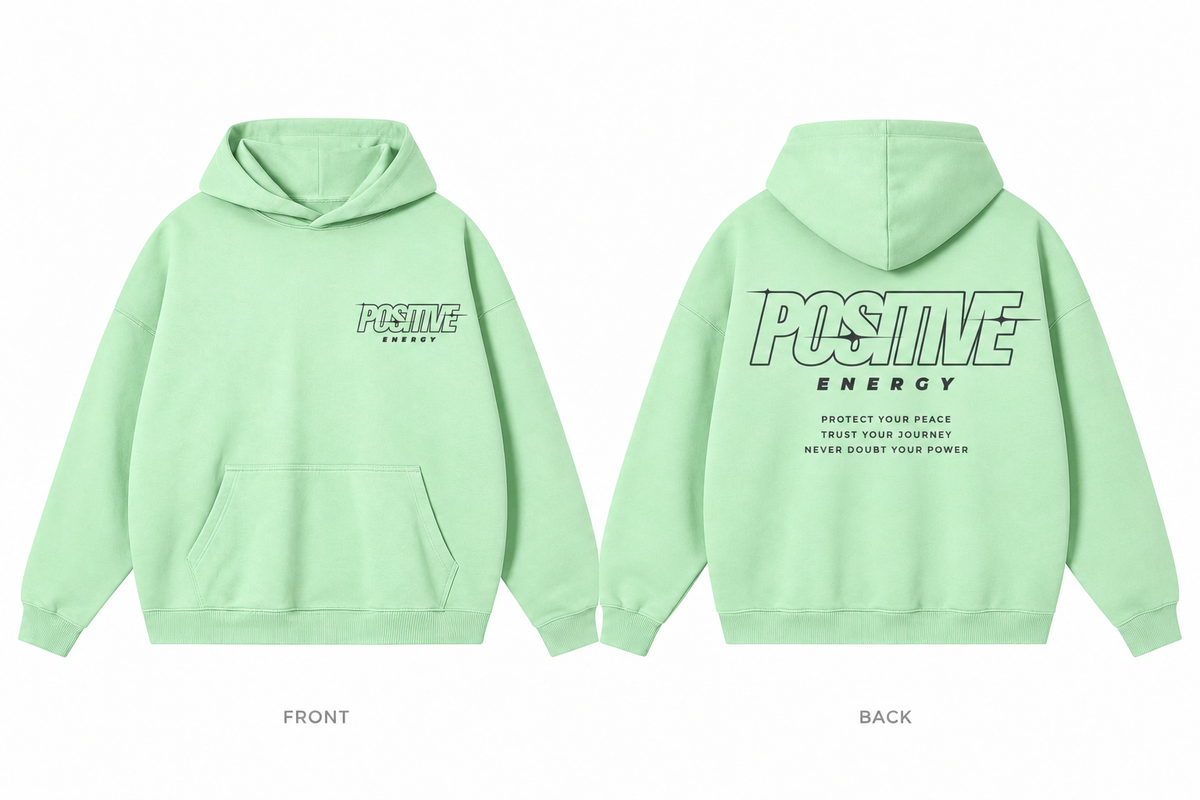 Positive Energy RW0055 in Light Green — printed front and back mockup; deep charcoal lettering