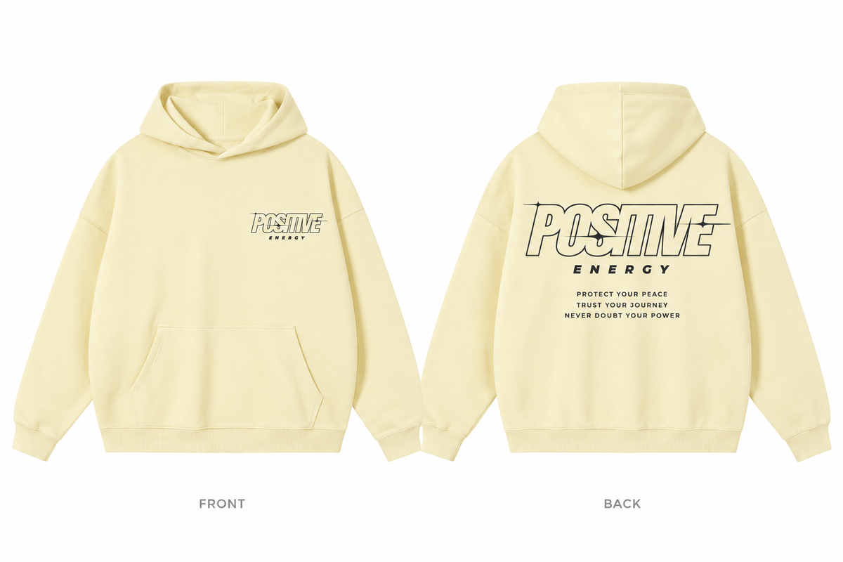 Positive Energy RW0055 in Mild Apricot — printed front and back mockup; deep charcoal lettering