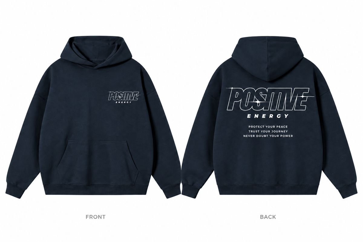 Positive Energy RW0055 in Navy Blue — printed front and back mockup; white lettering
