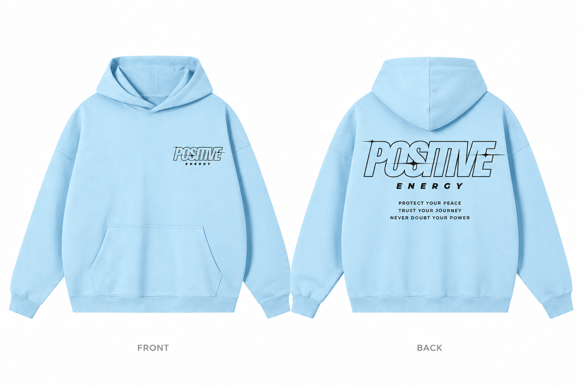 Positive Energy RW0055 in Sky Blue — printed front and back mockup; deep charcoal lettering