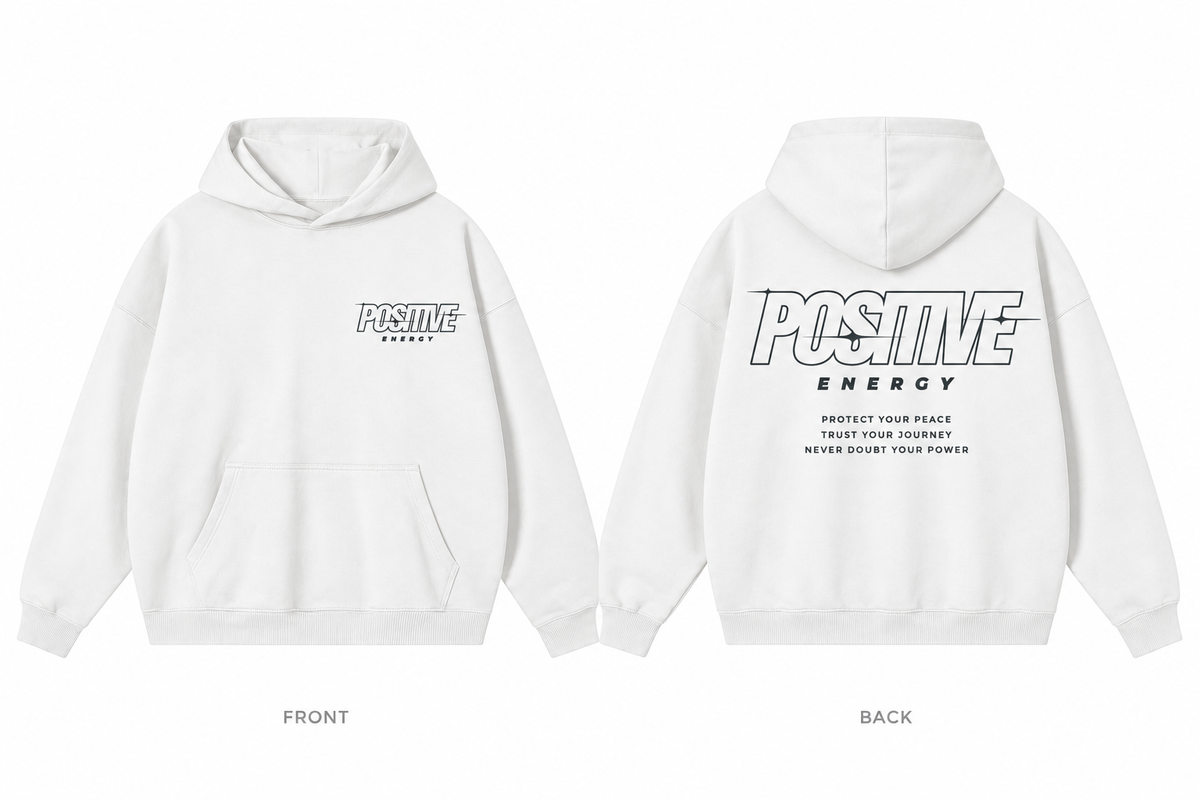 Positive Energy RW0055 in White — printed front and back mockup; deep charcoal lettering