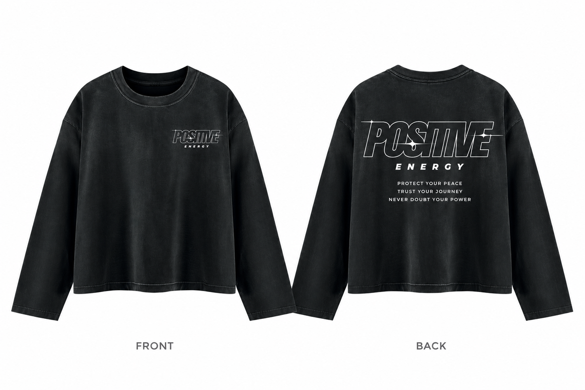 Positive Energy UT0275 in Black — digital front and back mockup with small chest mark and full back print