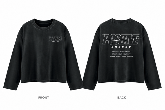 Positive Energy UT0275 in Black — digital front and back mockup with small chest mark and full back print