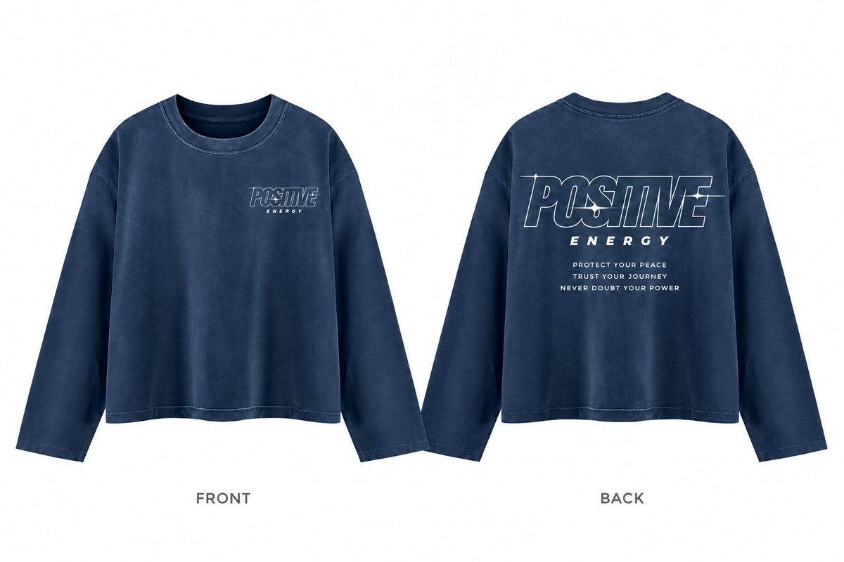 Positive Energy UT0275 in Navy Blue — printed front and back mockup; white lettering