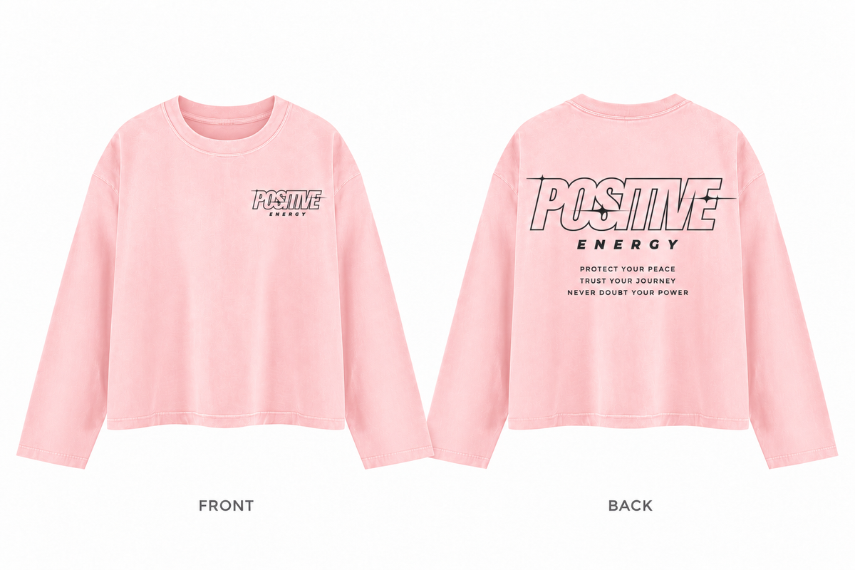Positive Energy UT0275 in Pink — printed front and back mockup; deep charcoal lettering