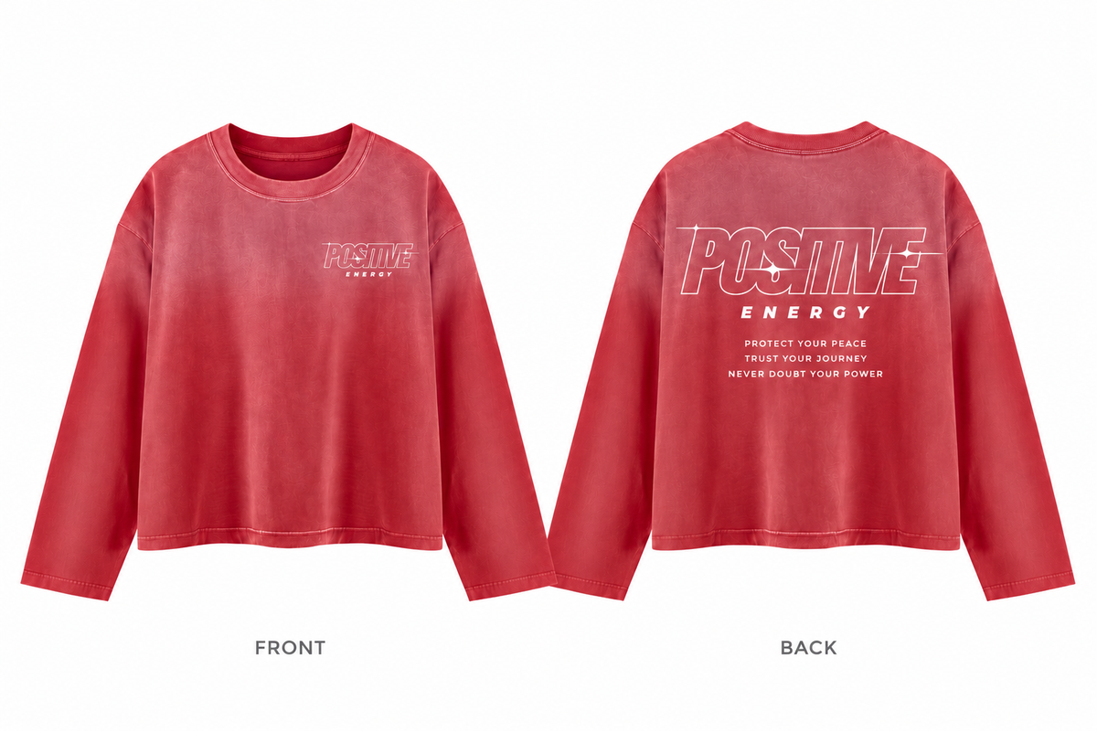 Positive Energy UT0275 in Red — printed front and back mockup; white lettering