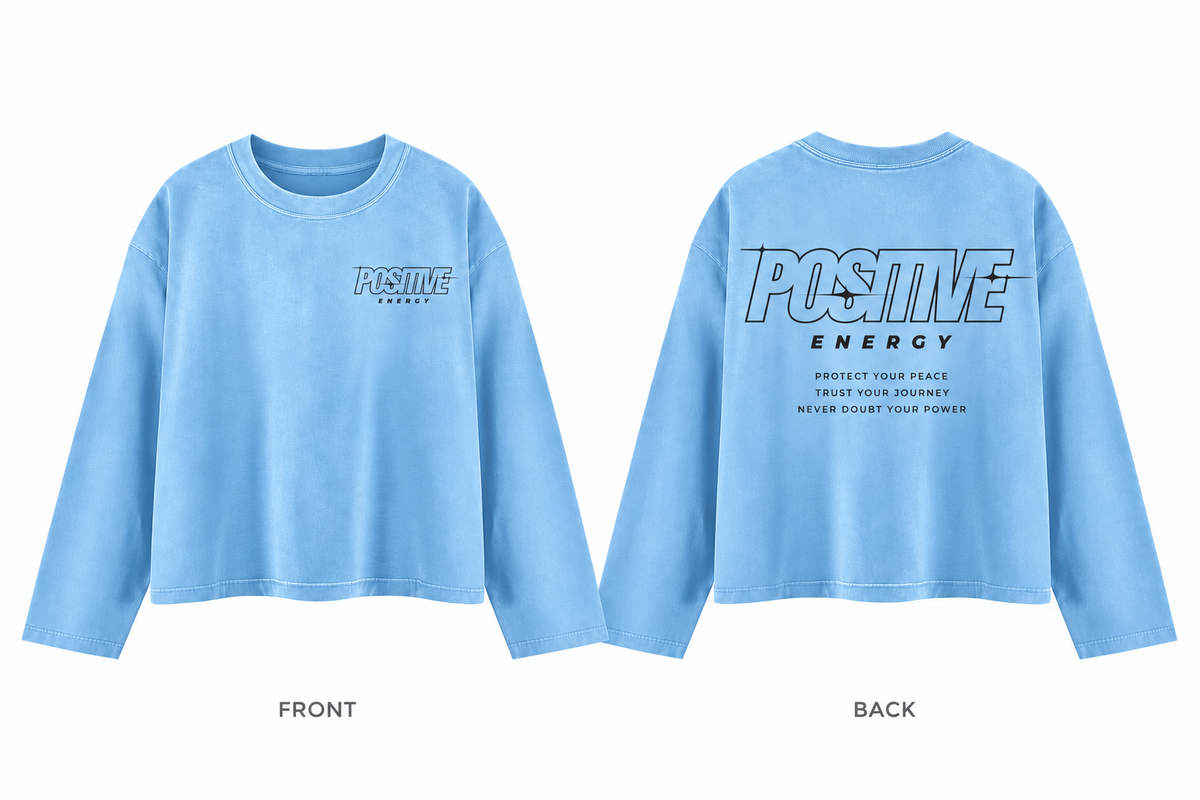 Positive Energy UT0275 in Sky Blue — printed front and back mockup; deep charcoal lettering