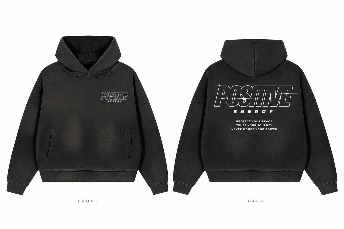 Positive Energy UT0334 in Black — digital front and back mockup with small chest mark and full back print