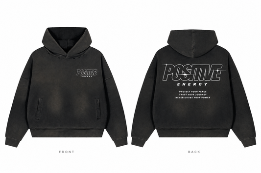 Positive Energy UT0334 in Black — digital front and back mockup with small chest mark and full back print