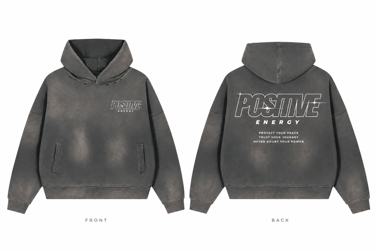 Positive Energy UT0334 in Dark Gray — printed front and back mockup; white lettering