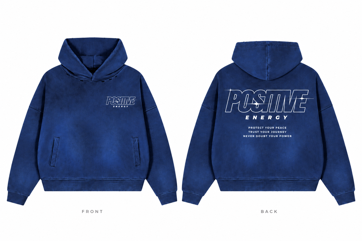 Positive Energy UT0334 in Royal Blue — printed front and back mockup; white lettering