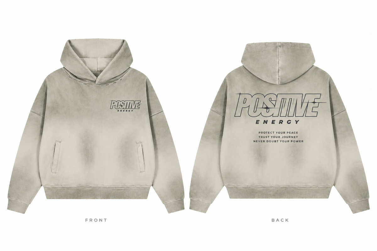 Positive Energy UT0334 in White Gray — printed front and back mockup; deep charcoal lettering