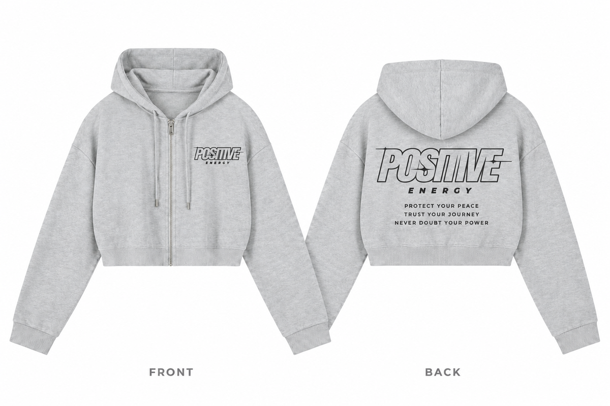 Positive Energy WQ0005 in Flower Gray — printed front and back mockup; deep charcoal lettering