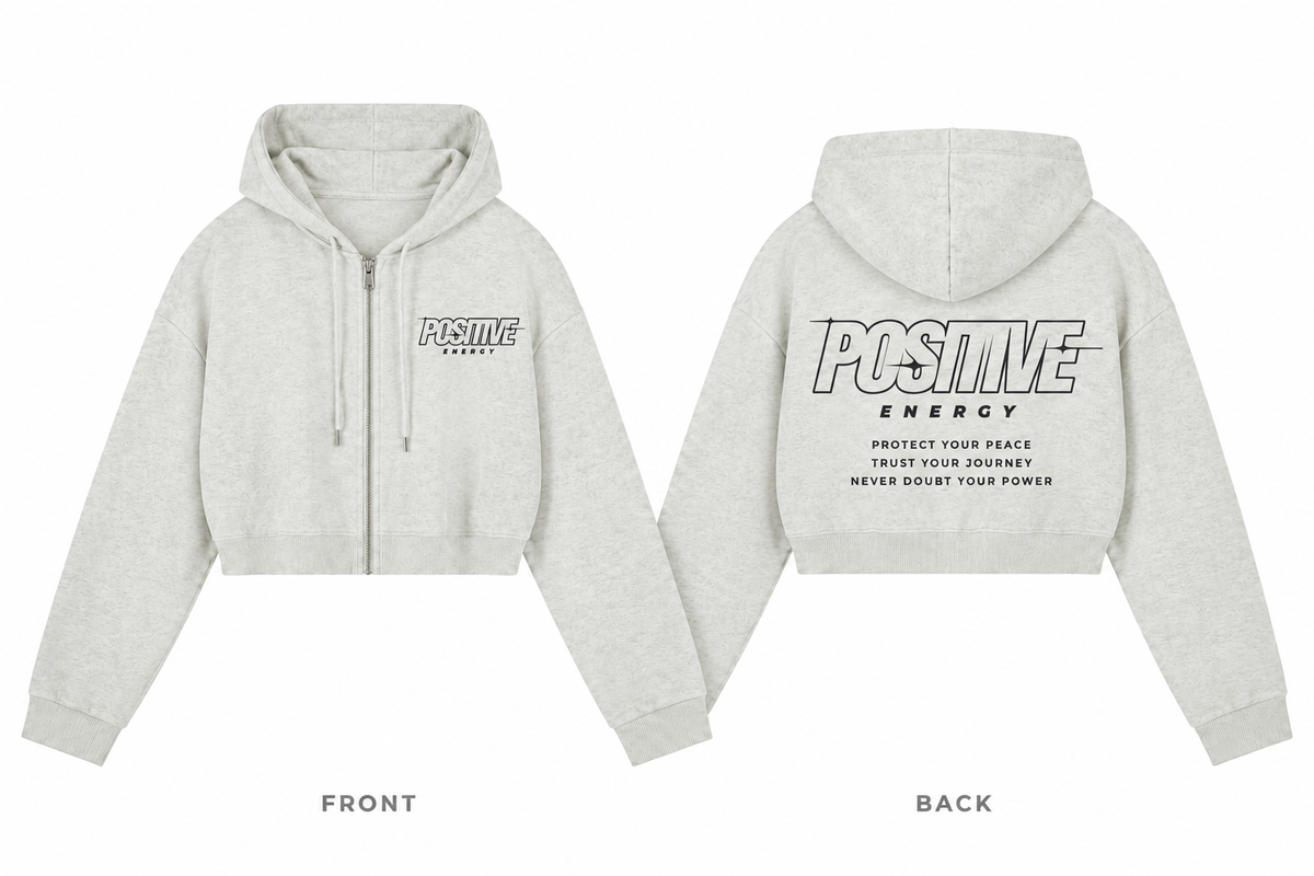 Positive Energy WQ0005 in Oat Gray — printed front and back mockup; deep charcoal lettering