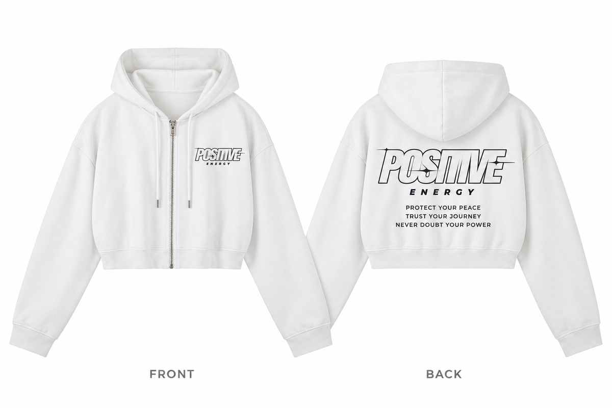 Positive Energy WQ0005 in White — printed front and back mockup; deep charcoal lettering