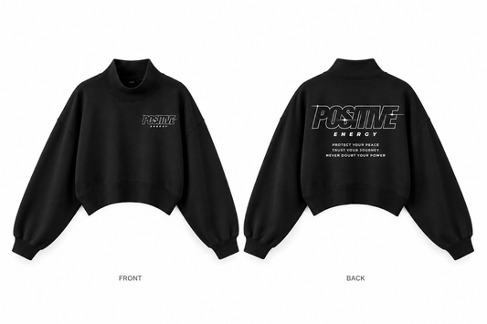 Positive Energy WT0280 in Black — digital front and back mockup with small chest mark and full back print
