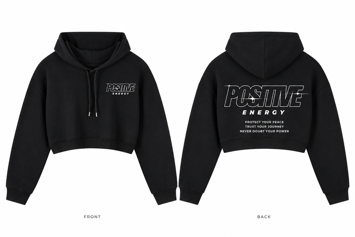 Positive Energy WW0021 in Black — digital front and back mockup with small chest mark and full back print