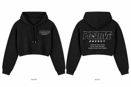 Positive Energy WW0021 in Black — digital front and back mockup with small chest mark and full back print