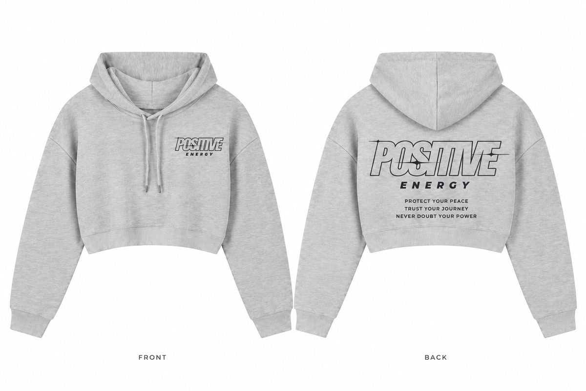 Positive Energy WW0021 in Flower Gray — printed front and back mockup; deep charcoal lettering