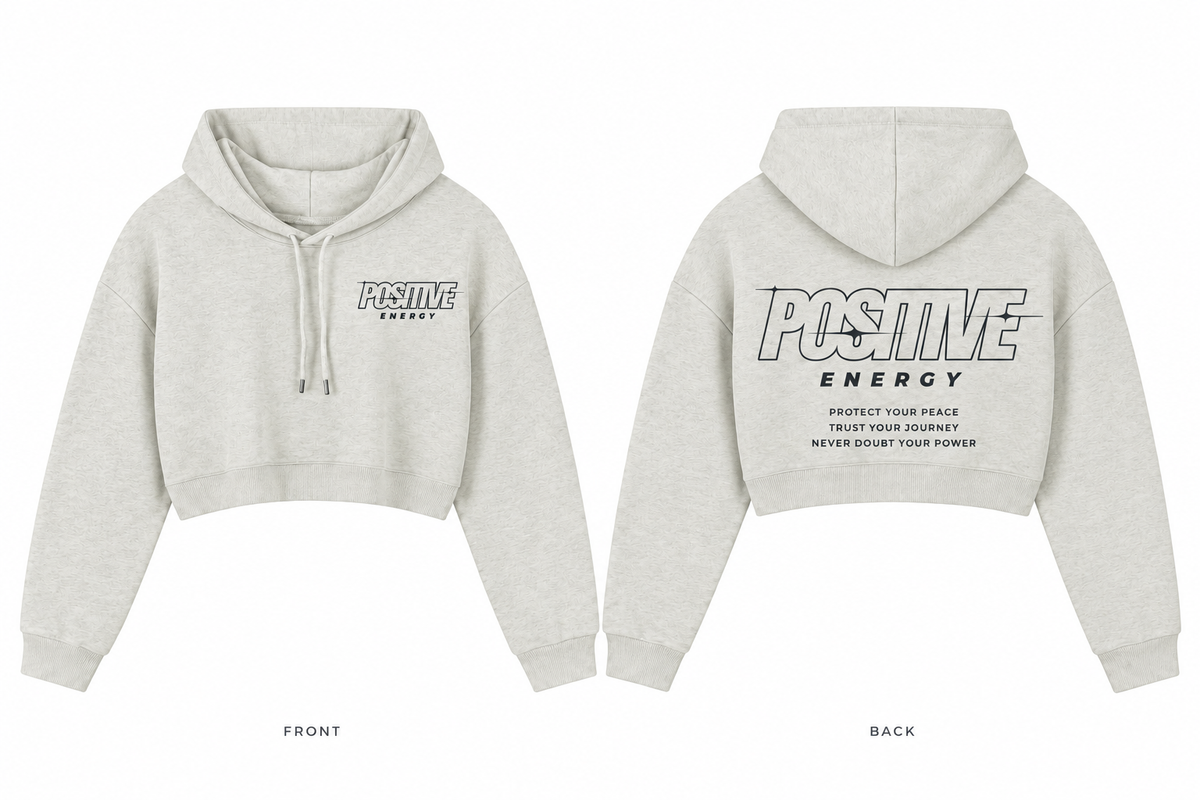 Positive Energy WW0021 in Oat Gray — printed front and back mockup; deep charcoal lettering