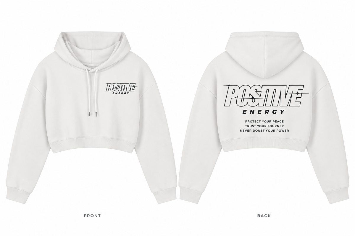 Positive Energy WW0021 in White — printed front and back mockup; deep charcoal lettering