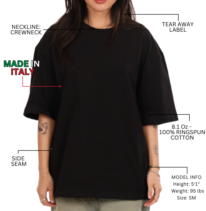 Premium Italian oversized T-shirt details, 8.1 oz heavyweight ring-spun cotton, Made in Italy